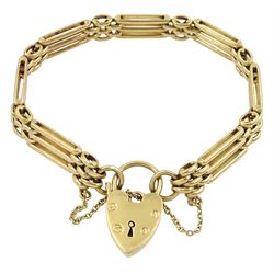 9ct gold three bar gate link bracelet with heart padlock clasp by Cropp & Farr Ltd, London 1986