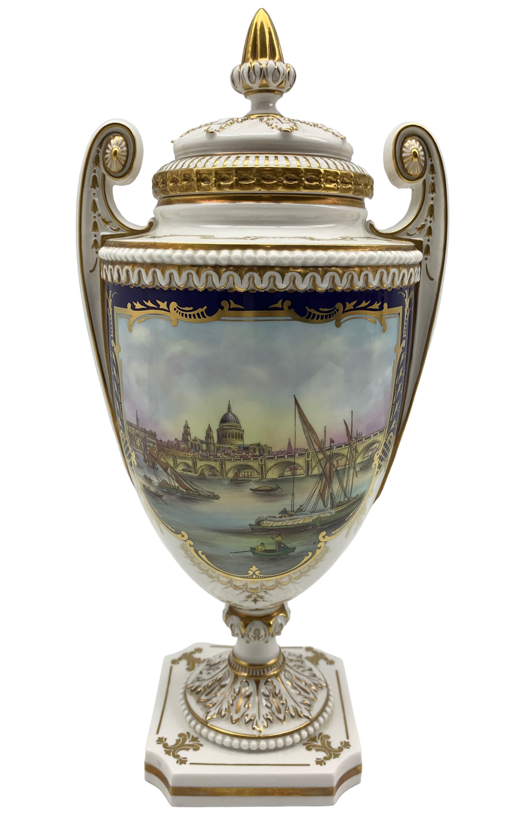 20th Century Royal Worcester Twin Handled Vase And Cover Decorated With A View Of The Thames