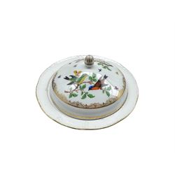 20th century Meissen butter dish and cover painted with birds within a gilt and moulded border D20cm (mark scratched through)