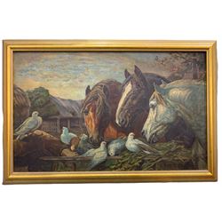 After John Frederick Herring Snr (British 1795-1865): Shire horses and Pigeons, oil on canvas signed E Holroyd and dated 1914, 41cm x 67cm
