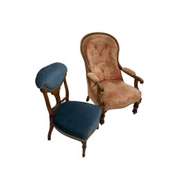 Victorian mahogany spoon back open armchair, upholstered in faded buttoned velvet, with scrolled arm rests, raised on turned supports (w64cm) together with an Edwardian inlaid rosewood bedroom chair raised on turned supports (W47cm) 