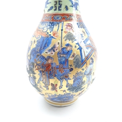 19th/ 20th century Chinese bottle vase and cover decorated with figures in a mountainous landscape, polychrome enamelled insects on a gilt and pale green ground, H44cm