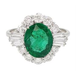 18ct white gold oval cut emerald, baguette and round brilliant cut diamond cluster ring, 750, emerald 1.89 carat, total diamond weight 0.97, with World Gemological Institute report