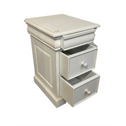 White finish bedside pedestal chest, fitted with frieze drawer over two drawers, on bracket feet