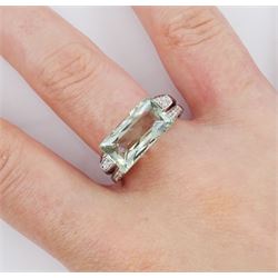 9ct white gold briolette cut green amethyst and round brilliant cut diamond ring, with diamond set shoulders, hallmarked