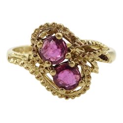 9ct gold two stone round ruby crossover ring, hallmarked