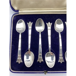 Set of six silver coffee spoons with coronet terminals and hammered detail to the underside of the bowls, London 1936 Maker Robert Edgar Stone for Asprey, London in original box