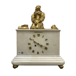 Late 19th century figural mantel clock, white marble case surmounted by a cast ormolu figure of a kneeling lady, the case inscribed 'Leroi A Paris,' eight day movement striking hammer on bell 