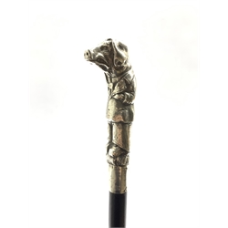 Late Victorian ebonised walking cane, the finial modelled as a silver Anthropomorphic Pig wearing a suit and monocle, Birmingham, 1905 makers mark T.D, with earlier silver collar dated 1892, L93cm 