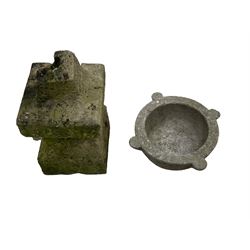 18th to 19th century limestone finial (W24cm H45cm); and early 20th century fossil marble mortar (W34cm H17cm) (2)