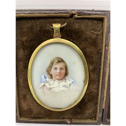Early 20th century miniature portrait, half-length watercolour on ivory of a young girl wearing ruffled collar blue dress in leather case. 6cm x 4cm This item has been registered for sale under Section 10 of the APHA Ivory Act 