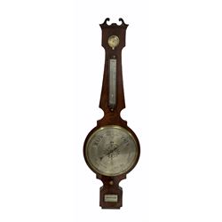 A mid-Victorian four dial mercury wheel barometer in a mahogany veneered case, Swan-neck pediment and moulded square base, recessed hygrometer with a circular silvered dial engraved “dry” “damp” with a brass bezel and flat glass, removable bow-fronted thermometer box with convex glass, mercury thermometer tube, recording from nought to one hundred and ten degrees fahrenheit on an engraved silver scale, brass thermometer bolt, twelve-inch silvered register engraved with weather predictions in Roman upper and lower case and Gothic script, barometric air pressure from twenty eight to thirty one inches in hundredths of an inch, richly engraved dial center, steel indicator hand and brass recording hand, with a cast brass bezel and concave glass, hand setting knob, level bubble recessed within an oblong frame and silvered plate engraved “John Vincent” “Weymouth”.
John Vincent are recorded as a family firm of Jewellers, watchmakers and silversmiths trading from 74 and later 86 St Mary Street, Weymouth, from  1801-1914. Twelve-inch barometers were the largest size of domestic barometer produced.
