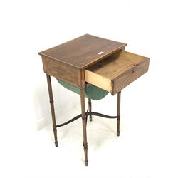 Regency mahogany work table, rosewood cross banded and string inlaid top over one drawer and pleated silk lined sliding storage well, raised on ring turned supports united by shaped 'X' stretcher W45cm, H79cm, D35cm