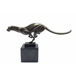 Stylised bronze figure of a running Cheetah with foundry mark on a marble base H19cm 