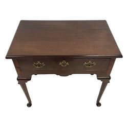 George III mahogany lowboy, the moulded rectangular top over single cockbeaded frieze drawer and shaped apron, on lappet cabriole supports