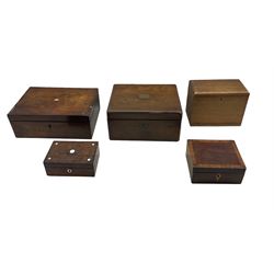 Early 20th century oak correspondence box, Victorian writing box, Victorian mahogany writing box and two other boxes (5)