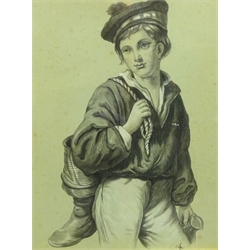 English School (19th century): Portrait of a Young Sailor, pencil drawing signed with monogram BC, 39cm x 29cm