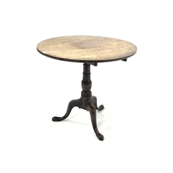 George III mahogany circular tilt top breakfast table on ring turned column column and triple splay supports D78cm