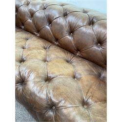 Three seat club sofa, upholstered in deeply button tan brown Brazilian leather