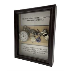 Selby Mizpah local history referees set 1901 with pocket watch and chain and whistle in a display case 22cm x 18cm