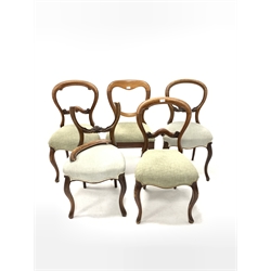 Pair of Victorian mahogany balloon back dining chairs, acanthus carved rail over upholstered seat, raised on slender shaped supports (W44cm) together with a another pair of similar chairs (W46cm) and a Victorian balloon back dining chair with turned front supports (W45cm)