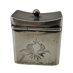 19th century Dutch rectangular silver box chased with rural figures 6.5cm import marks London 1898, Dutch heart shape pill box, the hinged cover chased with figures in a garden, Dutch silver patch box and a Dutch ornamental spoon (4)  Provenance:  From the Estate of the late Dowager Lady St Oswald 
