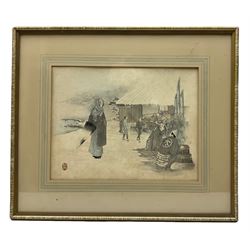 Japanese School (19th century): Samurai and Ronin in a Winter Battle and Gathering Food, pair watercolours one signed 22cm x 28cm (2)