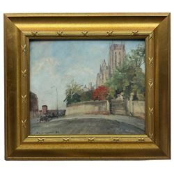 Sheila Turner (British 1941-): The Anglican Cathedral from Parliament Street - Liverpool, oil on board signed and dated '84, 24cm x 29cm