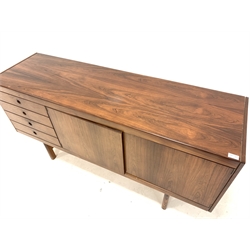 Mid 20th century hardwood veneered sideboard with four drawers flanking cupboard enclosing shelves, raised on moulded supports, 153cm x 46cm, H76cm