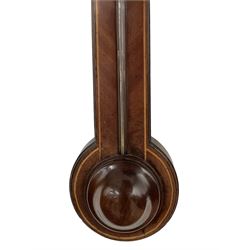 18th century  - Stick barometer with a broken pediment and brass register inscribed Robert Fyter, Melton, with a spirit thermometer and vernier, mahogany case with stringing and a round cistern cover to the base. No mercury present.