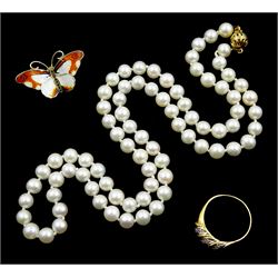 18ct gold diamond set ring, Sheffield import marks 1978, single strand pearl necklace, with 9ct gold gold clasp and a Norwegian silver enamel butterfly brooch by Hroar Prydz