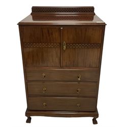 Early 20th century mahogany tallboy, double cupboard over three drawers, on ball and claw carved cabriole feet