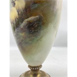 Early 20th century Royal Worcester vase decorated by Harry Davis, the ovoid form body with pierced shoulder and short flared neck, hand painted with sheep against a highland landscape, signed H Davis, upon a circular gilt and leaf moulded foot, with puce printed marks beneath including shape number G935, and date code for 1910, H22.5cm