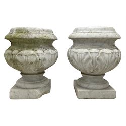 Pair of 19th century weathered white marble urns, the body with carved stylised foliage decoration, on moulded foot and square base 