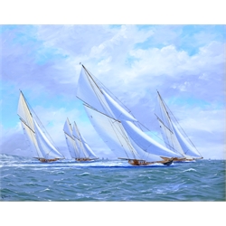 George Drury (British 1950-): 'Britannia Racing on the Solent with White Heather, Westward and Lulworth', oil on board signed, titled verso 37cm x 47cm
DDS - Artist's resale rights may apply to this lot 