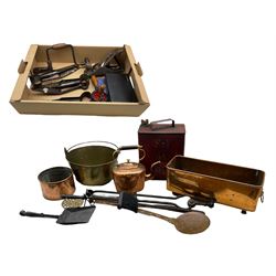 Brass jam pan, copper kettle, copper planter with claw feet, fire poker, brush and tongs, vintage tools including sheers etc in two boxes