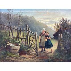 Edith Hume (British 1843-1906): 'The Little Milkmaids', oil on canvas signed, in heavy giltwood and gesso frame 36cm x 46cm