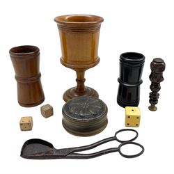 19th century turned fruitwood goblet H14cm, desk seal with carved handle, two dice shakers, early 19th century pressed horn box and pair of snuffing scissors