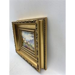 20th century rectangular porcelain panel by F. Clark, hand painted with Highland sheep against mountainous landscape, signed F. Clark a former Worcester artist, set within gilt frame, 8.5cm x 11cm 