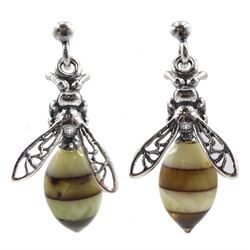 Pair of silver Baltic amber bee pendant earrings, stamped 925