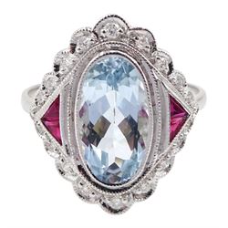 18ct white gold oval aquamarine and diamond cluster ring, the aquamarine set with four calibre cut rubies either side, stamped 18K, aquamarine approx 2.20 carat