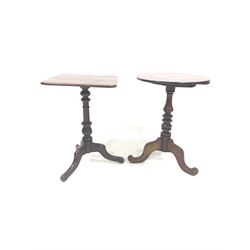 19th century mahogany occasional table, circular top raised on ring turned column and three splayed supports (D51cm) together with another occasional table with square top (W46cm)