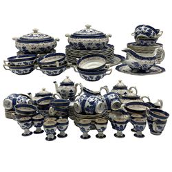 Extensive Booths Real Old Willow pattern dinner, tea and coffee service mostly for nine or more covers including pair of vegetable dishes and covers, plates in various sizes, tea cups and saucers, soup bowls and stands, two coffee and tea pots etc approx 110 pieces