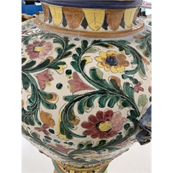  Very large Italian Majolica twin handled urn form vase on pedestal base with incised decoration, H135  
