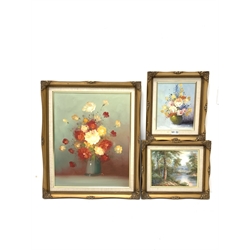 Unsigned Still life of Flowers, oil on canvas 50cm x 39cm and two other oils on board, indistinctly signed (3)