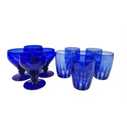 Set of four Bristol blue wine glass and a set of six blue overlay glass tumblers 