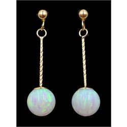 Pair of 9ct gold opal pendant drop earrings, stamped 375