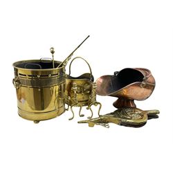 Two Victorian coal scuttles in copper and brass, pair of 19th century embossed brass bellows, Victorian brass twin-handled coal bucket H34cm containing various fireside implements