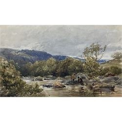 Thomas Collier (British 1840-1891): Anglers Fishing in a River Landscape, watercolour signed 23cm x 38cm