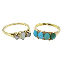 Early 20th century gold three stone opal and illusion set diamond ring, stamped 18ct Plat and an 18ct gold four stone turquoise and split pearl ring, Sheffield 1977